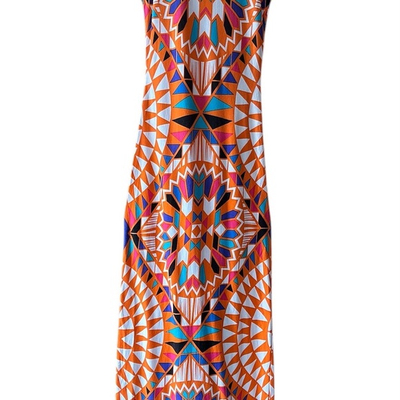 Geometric Aztec Southwestern Long Tank Maxi Dress Orange Blue Turquoise - XS - Picture 10 of 15